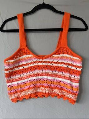 H&M Divided Womens Boho Striped Crochet Crop Tank Top Size S Orange Pink Cotton